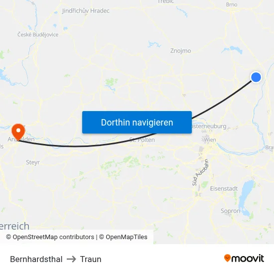 Bernhardsthal to Traun map