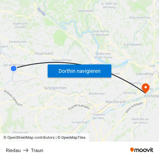 Riedau to Traun map