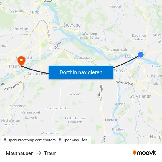 Mauthausen to Traun map