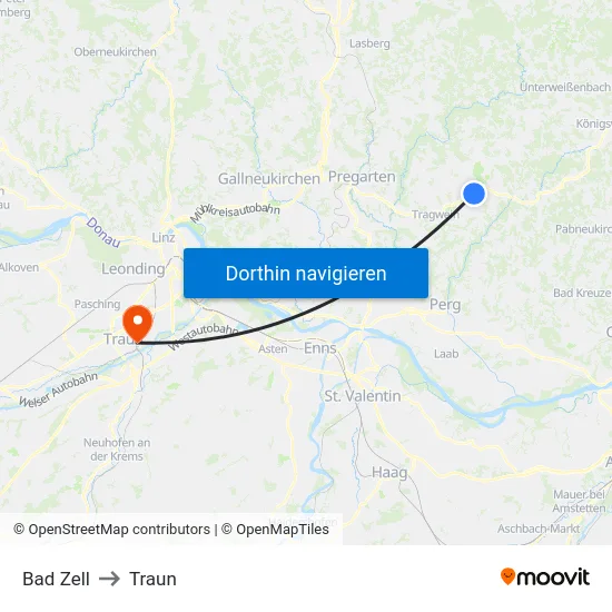 Bad Zell to Traun map