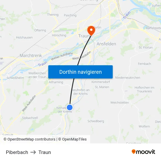 Piberbach to Traun map