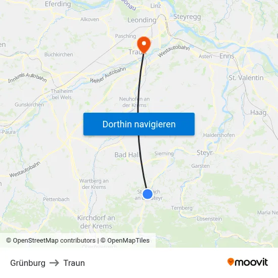 Grünburg to Traun map