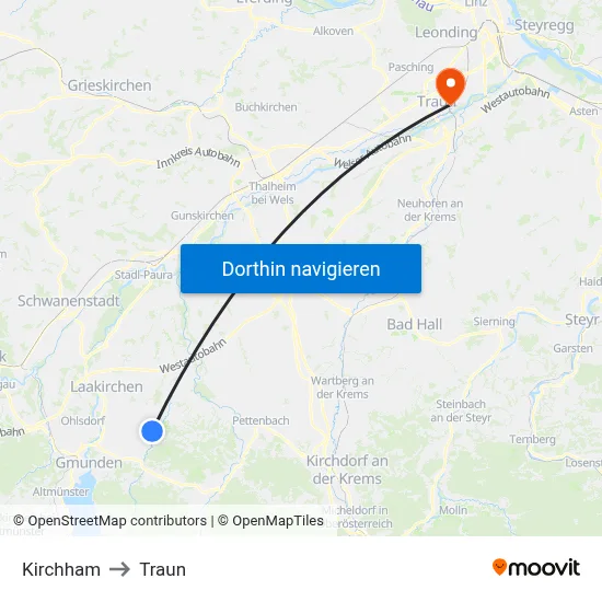 Kirchham to Traun map