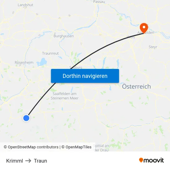 Krimml to Traun map
