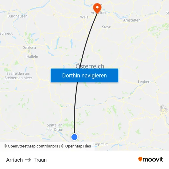 Arriach to Traun map