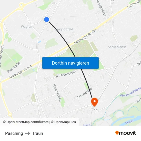 Pasching to Traun map