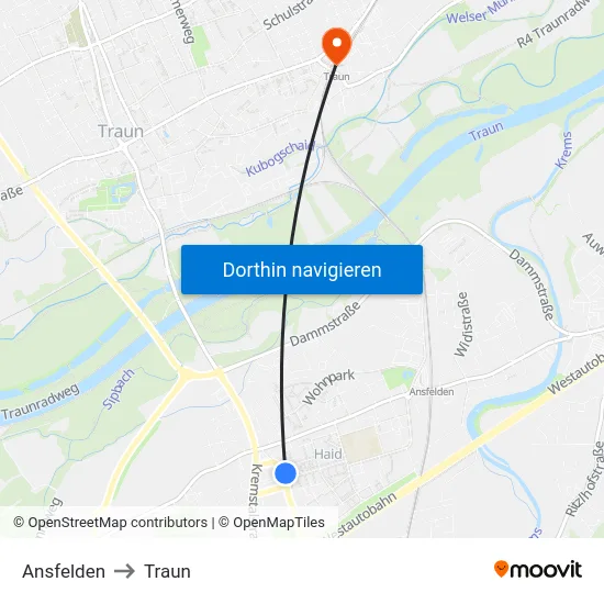 Ansfelden to Traun map
