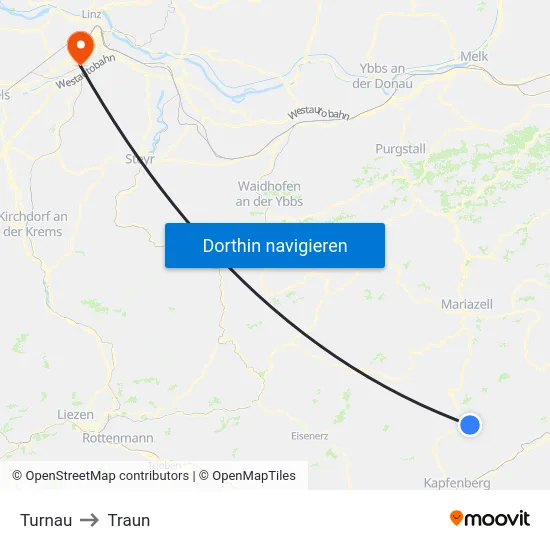 Turnau to Traun map