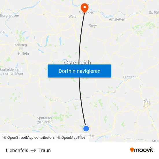 Liebenfels to Traun map