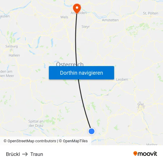 Brückl to Traun map