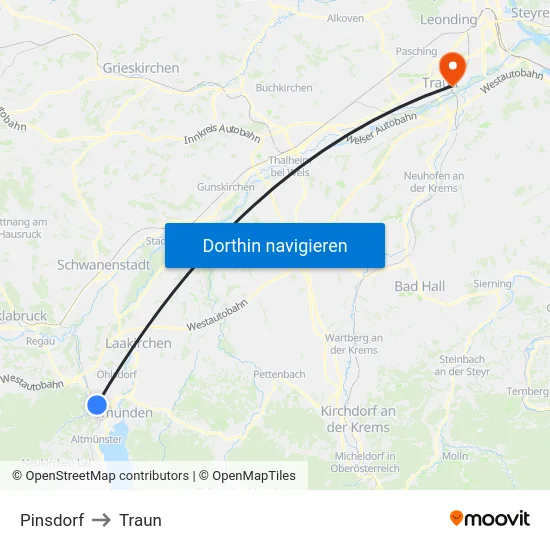 Pinsdorf to Traun map