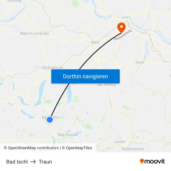 Bad Ischl to Traun map