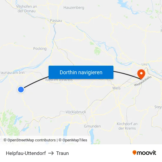 Helpfau-Uttendorf to Traun map