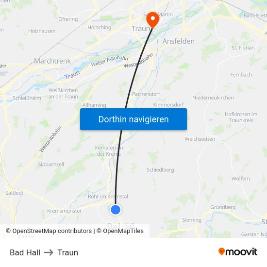 Bad Hall to Traun map