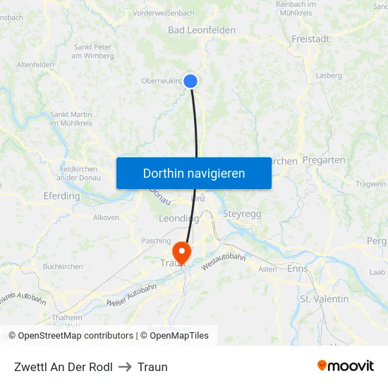 Zwettl An Der Rodl to Traun map