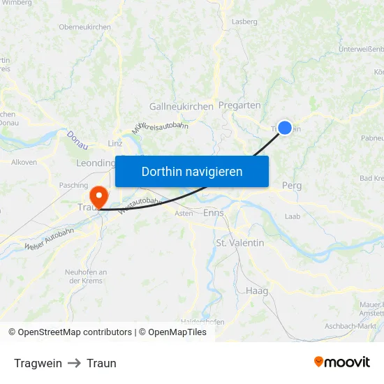 Tragwein to Traun map