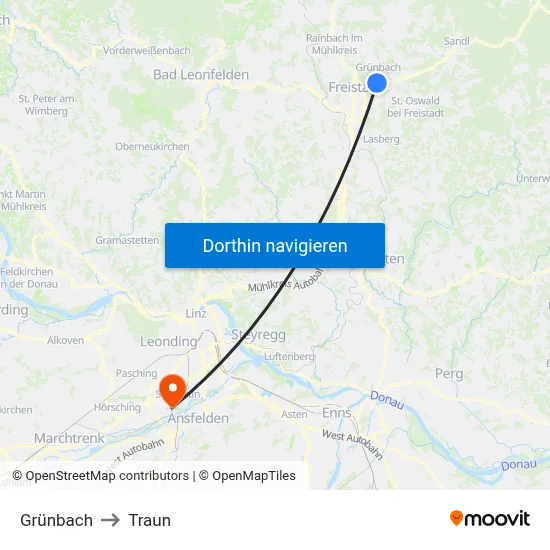 Grünbach to Traun map