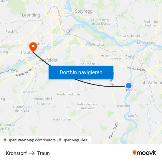 Kronstorf to Traun map