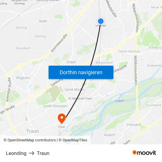 Leonding to Traun map