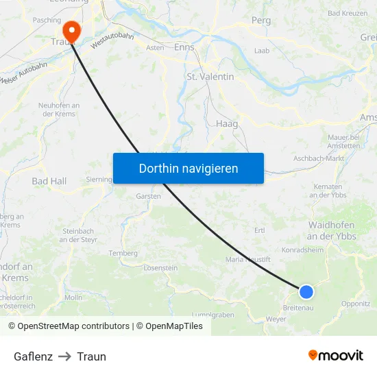 Gaflenz to Traun map