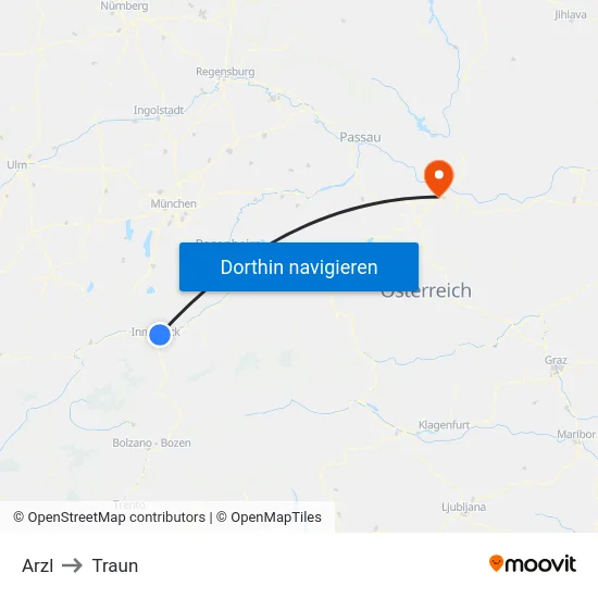 Arzl to Traun map