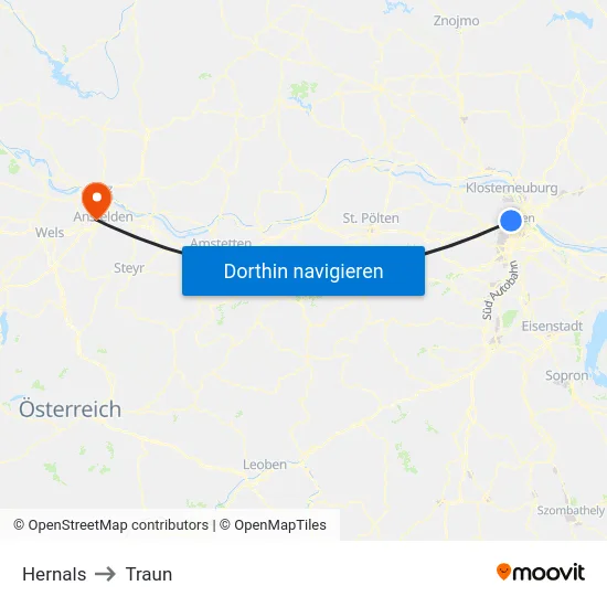 Hernals to Traun map