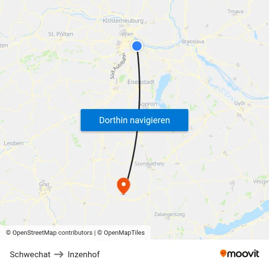 Schwechat to Inzenhof map