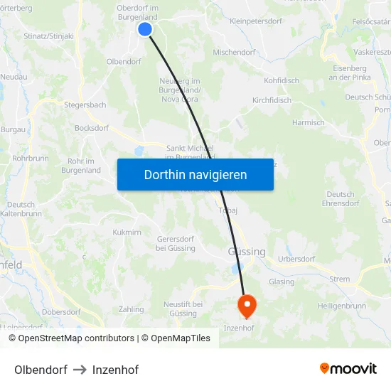 Olbendorf to Inzenhof map