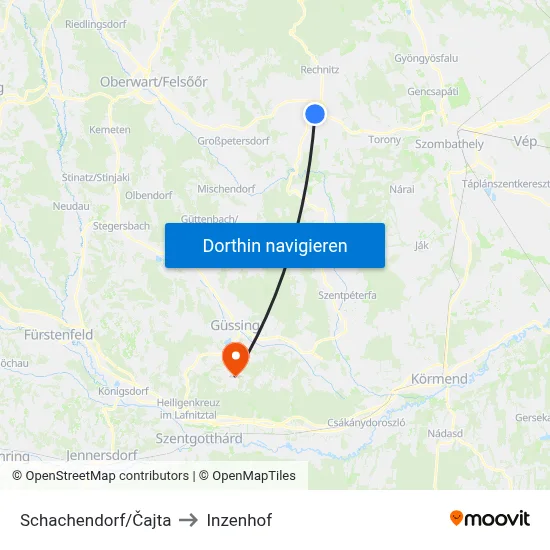 Schachendorf/Čajta to Inzenhof map