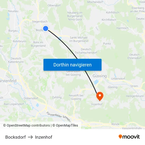 Bocksdorf to Inzenhof map