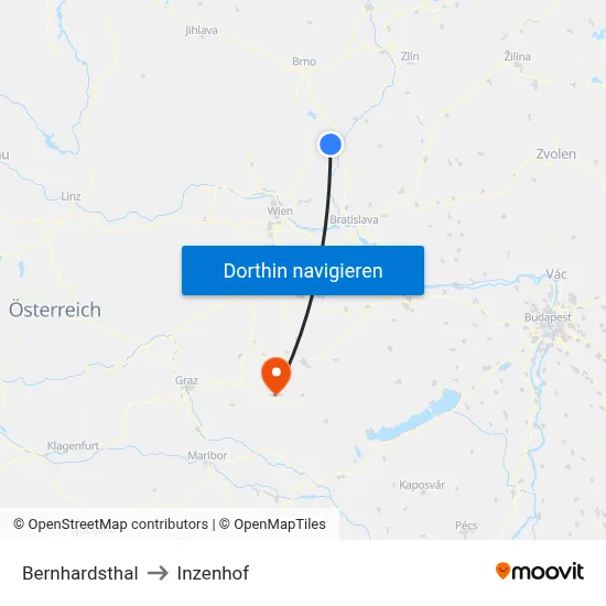Bernhardsthal to Inzenhof map