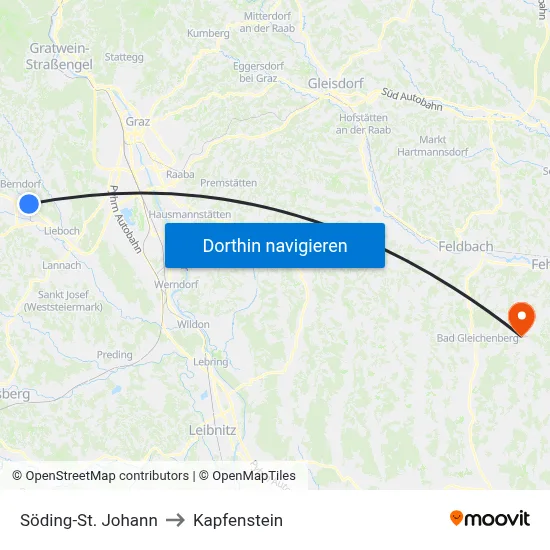 Söding-St. Johann to Kapfenstein map