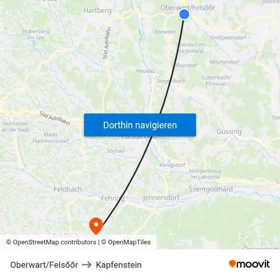 Oberwart/Felsőőr to Kapfenstein map