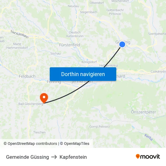 Gemeinde Güssing to Kapfenstein map