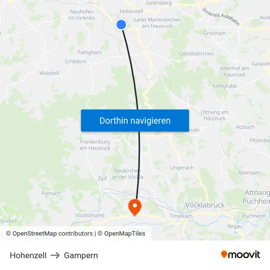 Hohenzell to Gampern map