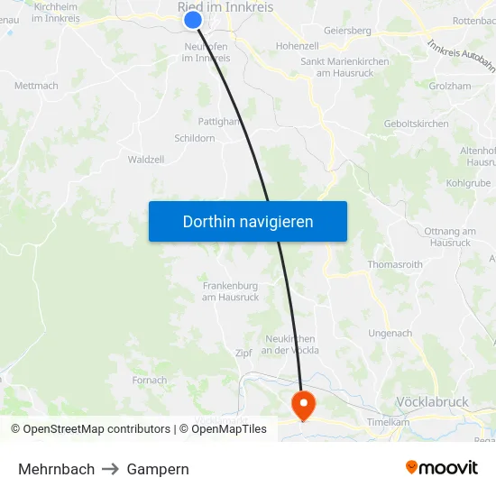 Mehrnbach to Gampern map