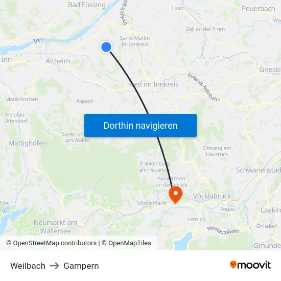 Weilbach to Gampern map