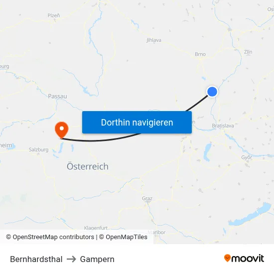 Bernhardsthal to Gampern map