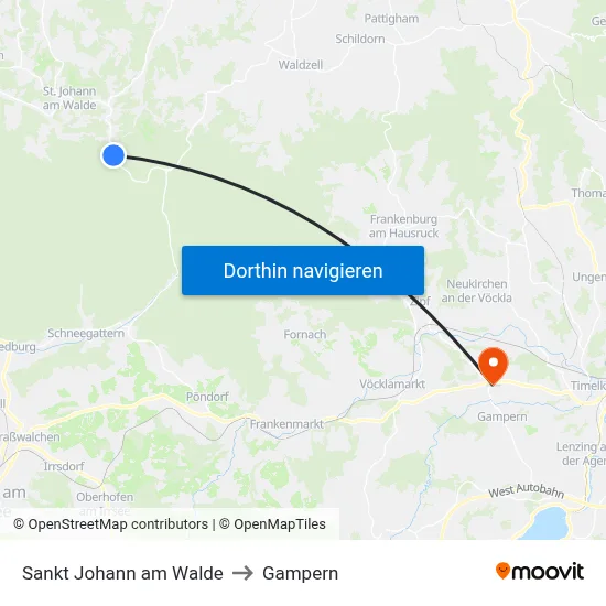 Sankt Johann am Walde to Gampern map