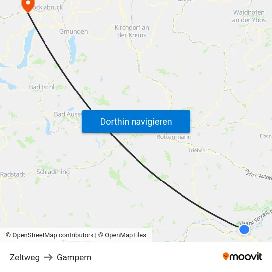 Zeltweg to Gampern map