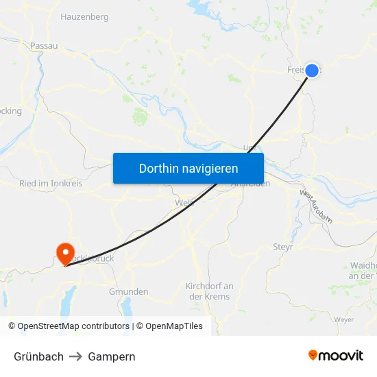 Grünbach to Gampern map