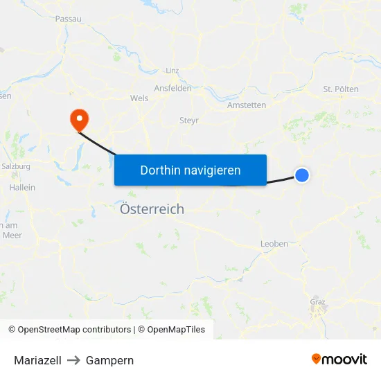 Mariazell to Gampern map