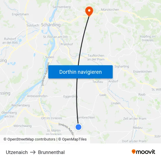 Utzenaich to Brunnenthal map