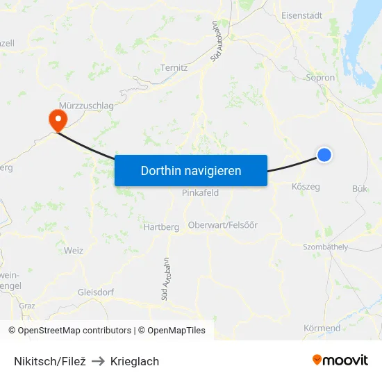 Nikitsch/Filež to Krieglach map