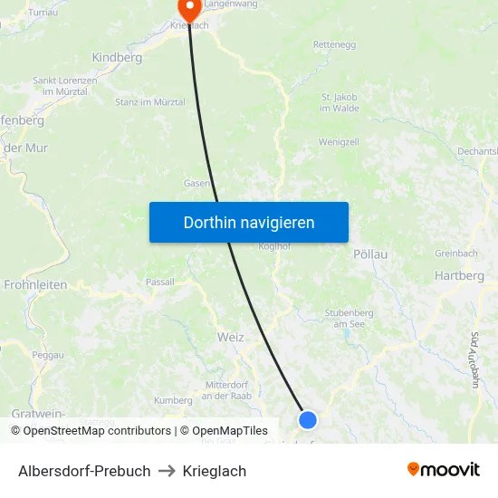 Albersdorf-Prebuch to Krieglach map