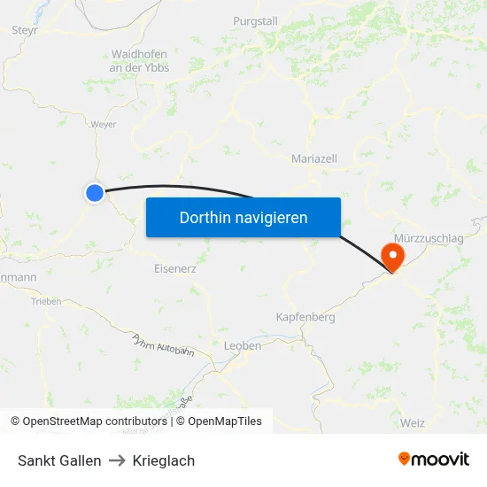 Sankt Gallen to Krieglach map