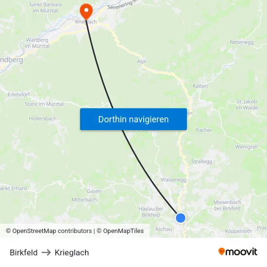 Birkfeld to Krieglach map