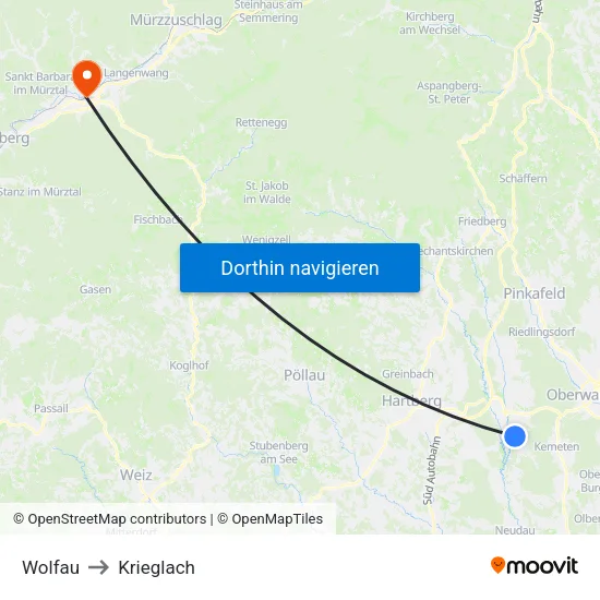 Wolfau to Krieglach map