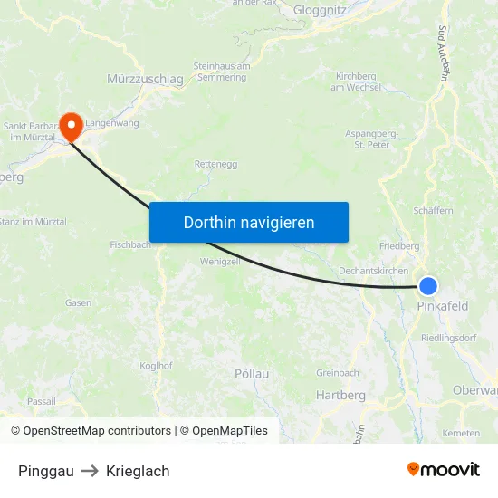 Pinggau to Krieglach map