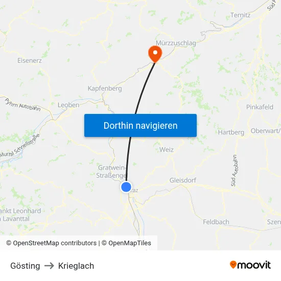 Gösting to Krieglach map